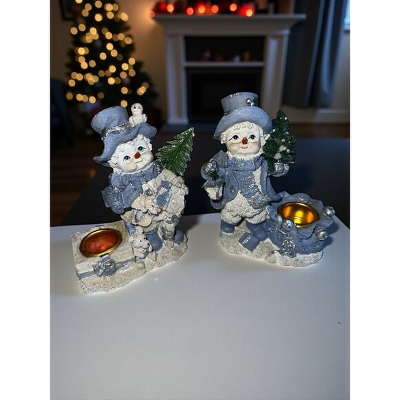 Snowman Candlestick Holder Set Blue White Winter Christmas Mantel Decor - Picture 1 of 11